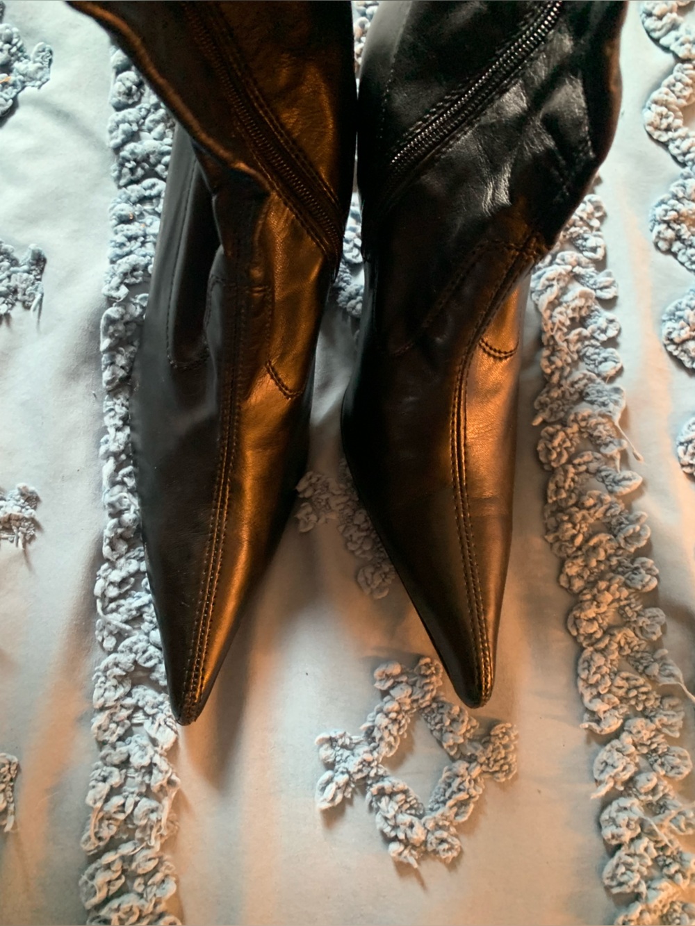 Vintage Y2K Pointed Toe Black Leather Thigh High Boots with 4” Heel